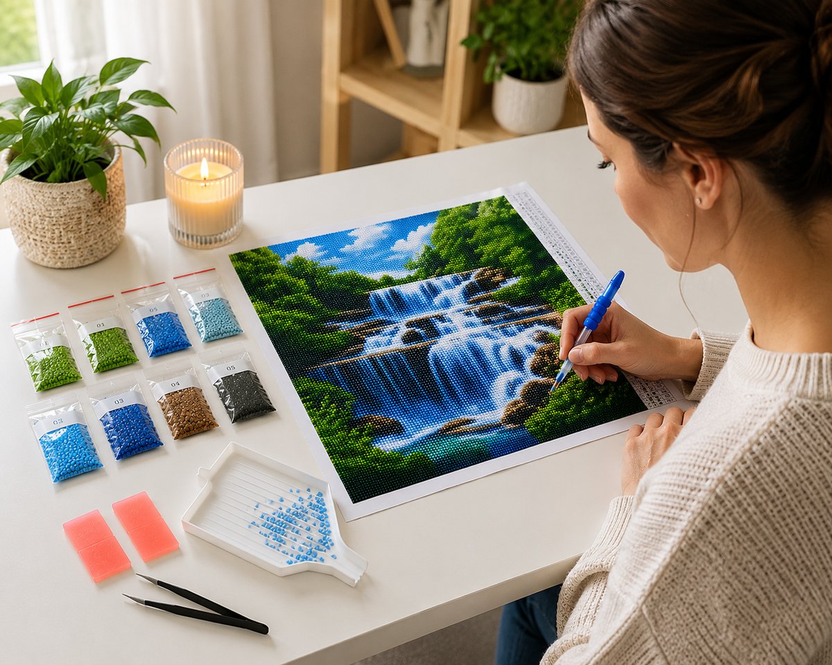 Working on the cascading forest waterfall kit at a cozy desk with drill tools nearby | Azurra Shop