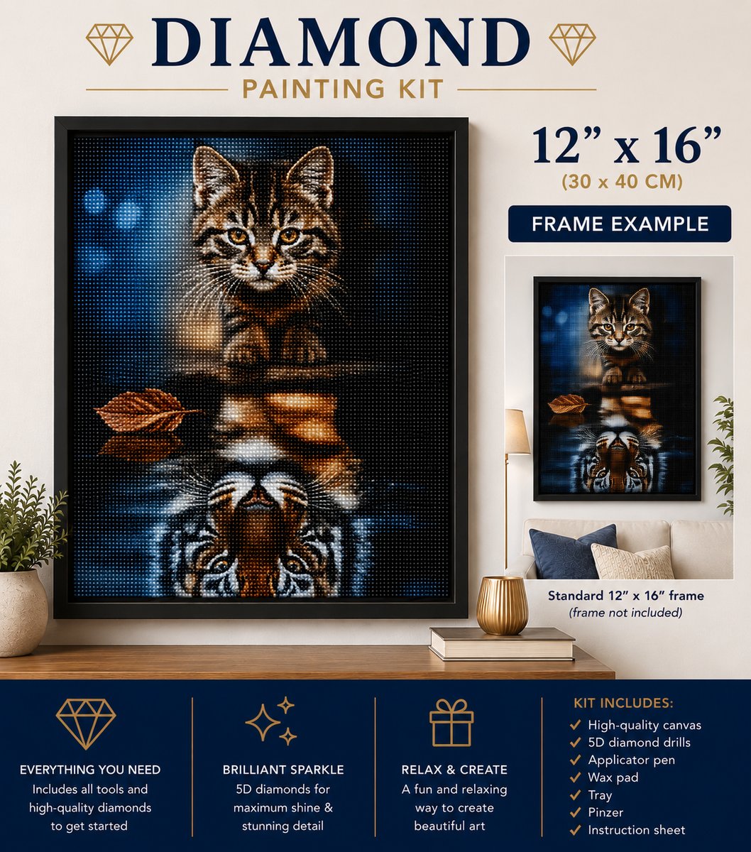 Framed cat and tiger reflection diamond painting displayed on a living room shelf | Azurra Shop