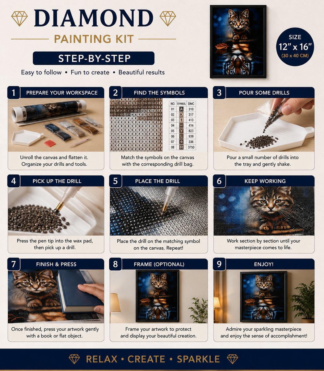 Nine step guide showing how to complete the cat and tiger reflection diamond painting | Azurra Shop