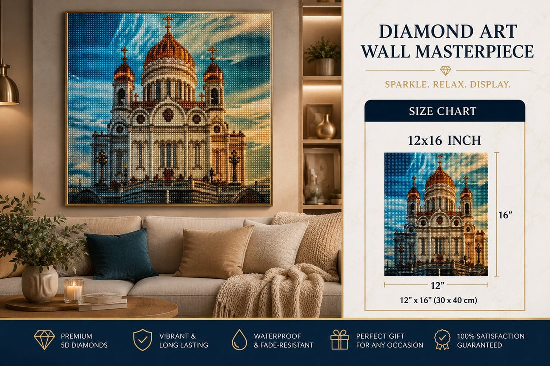 Cathedral of Christ the Saviour diamond painting kit framed artwork displayed on a wall | Azurra Shop