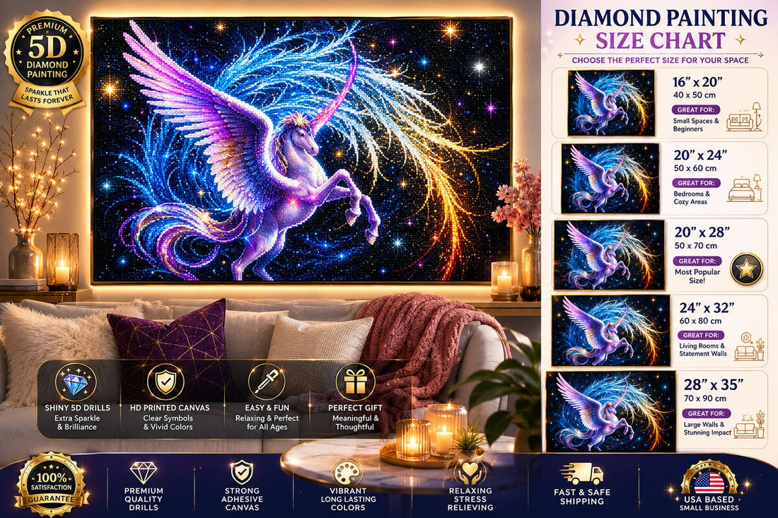 Celestial winged unicorn diamond painting framed on a wall, available in 5 sizes from 16 by 20 to 28 by 35 inches | Azurra Shop