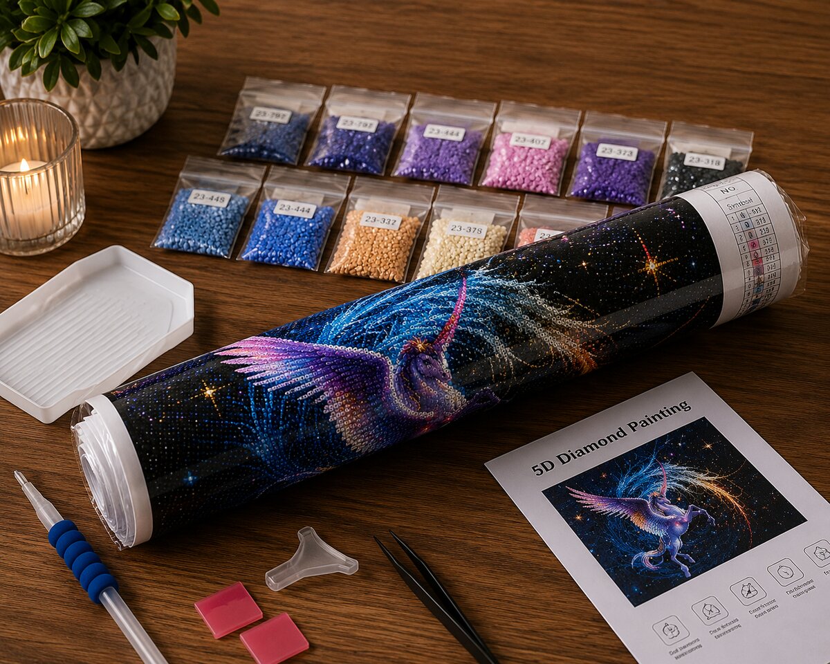 Diamond painting kit supplies including rolled canvas, numbered diamond bags, applicator pen, and tweezers | Azurra Shop