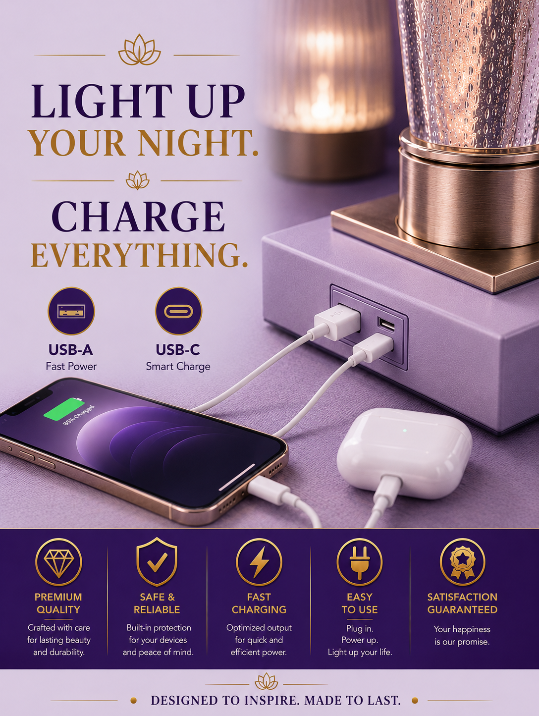 Table Lamps Set of 2 with USB A+C Charging Ports
