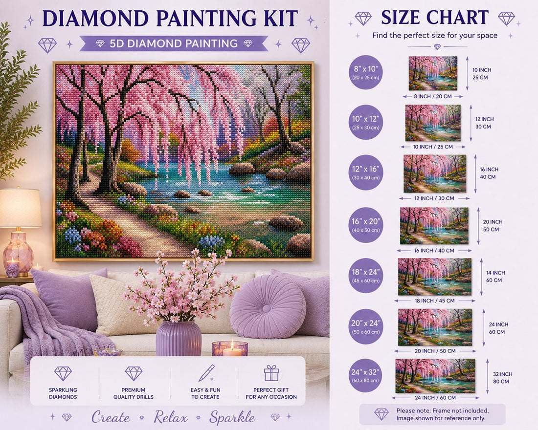 Framed weeping cherry blossom stream diamond painting displayed in a cozy living room | Azurra Shop