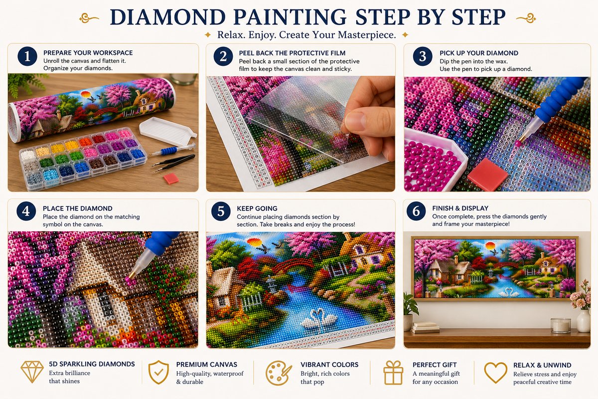 Six step guide showing how to complete the cherry blossom river cottage diamond painting | Azurra Shop
