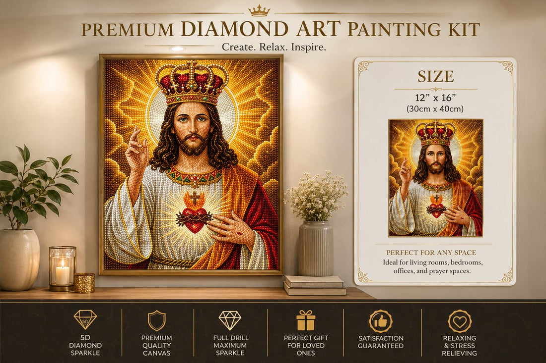 Christ the King diamond painting framed on a wall, shown with the size chart
