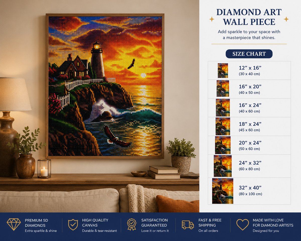 Framed coastal lighthouse at golden hour diamond painting displayed in a warm living room with size chart | Azurra Shop