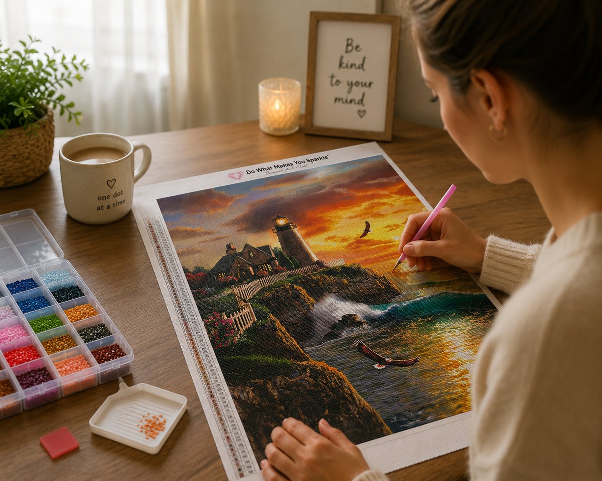 Working on the coastal lighthouse at golden hour kit at a warm wooden desk with drills, a candle, and a mug | Azurra Shop