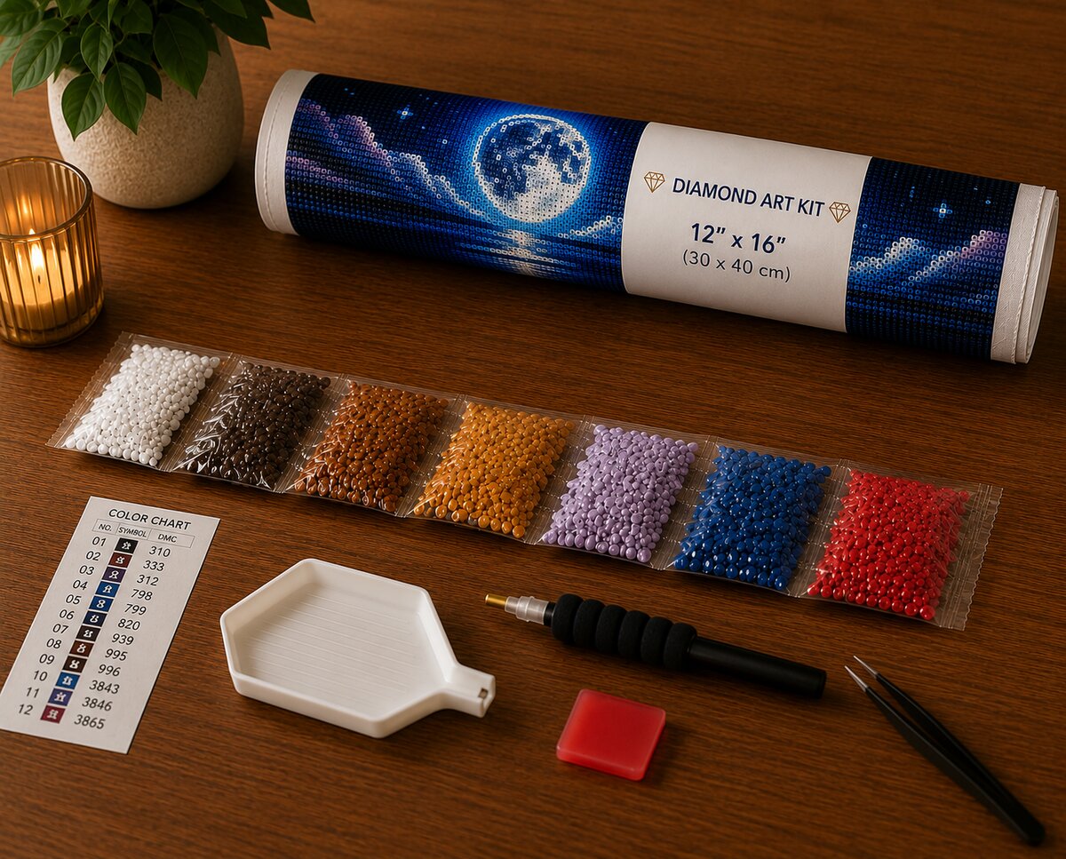 Diamond painting kit supplies including rolled canvas, numbered diamond bags, tray, and applicator pen | Azurra Shop