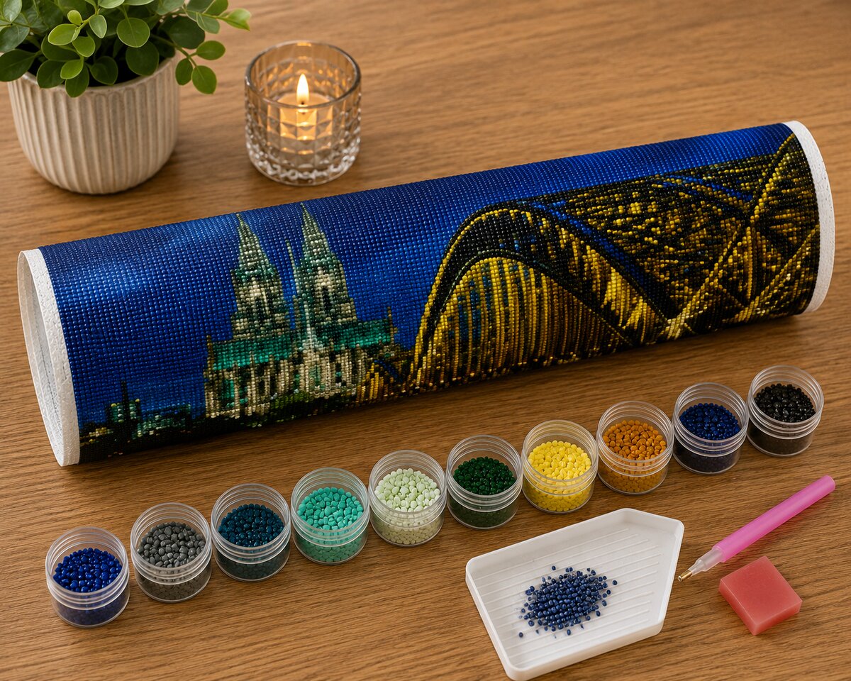 Rolled canvas and full supplies for the Cologne Cathedral kit, including diamond packets, applicator pen, and tray | Azurra Shop