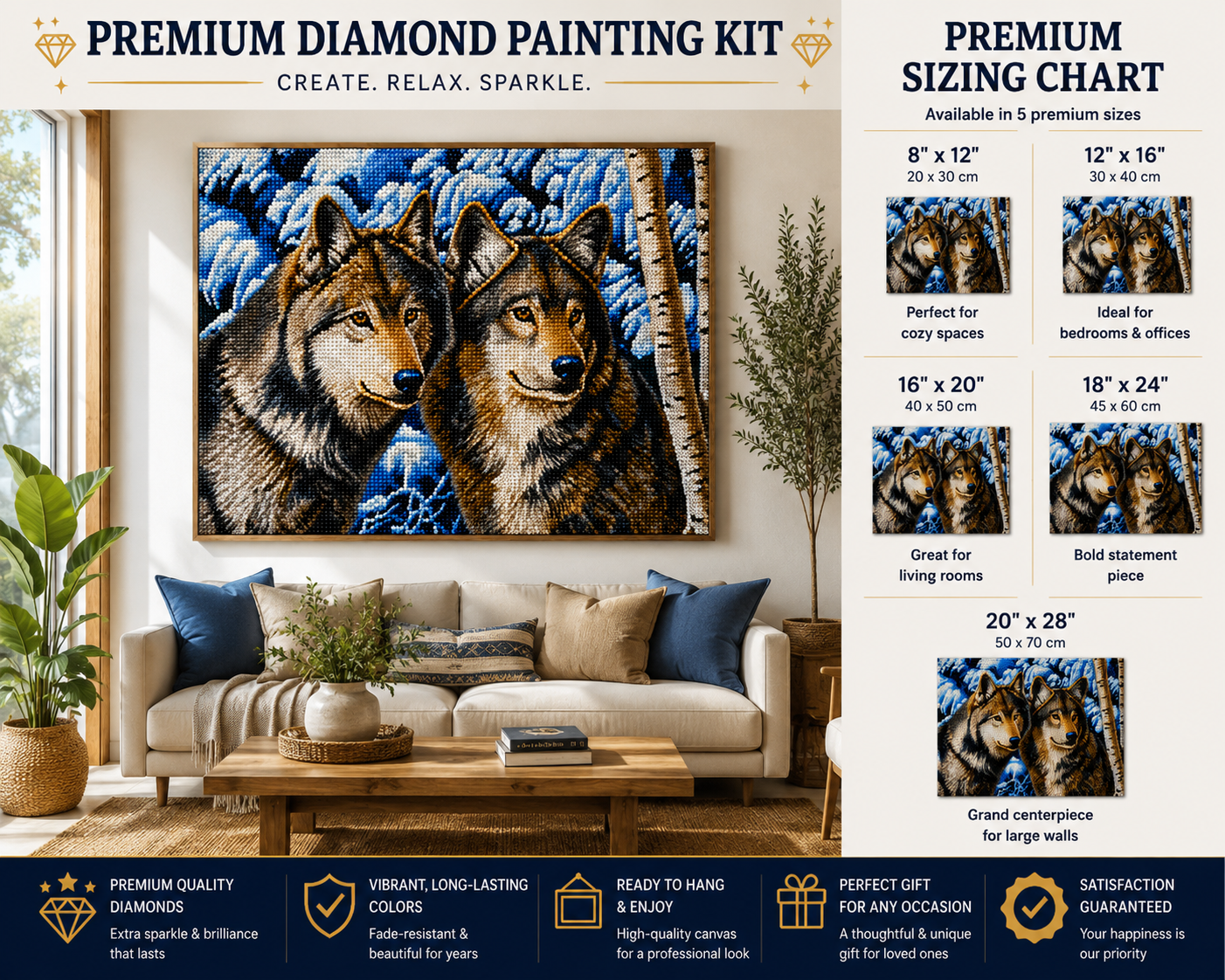 Wolves in winter diamond painting kit size chart – 5 sizes from 8" x 12" to 20" x 28", framed finished wolf pair art on living room wall, premium quality diamonds — Azurra Shop