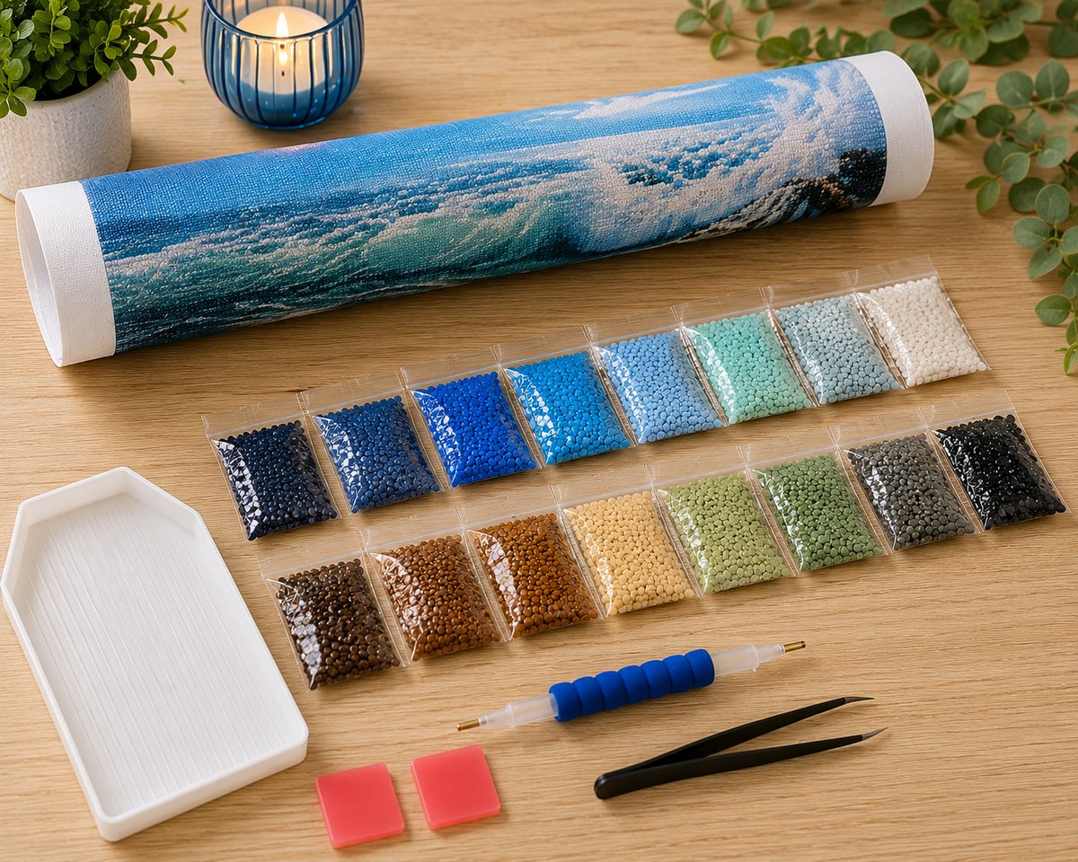 Rolled canvas and supplies for the crashing ocean waves kit, including drill packets, applicator pen, and wax pad | Azurra Shop
