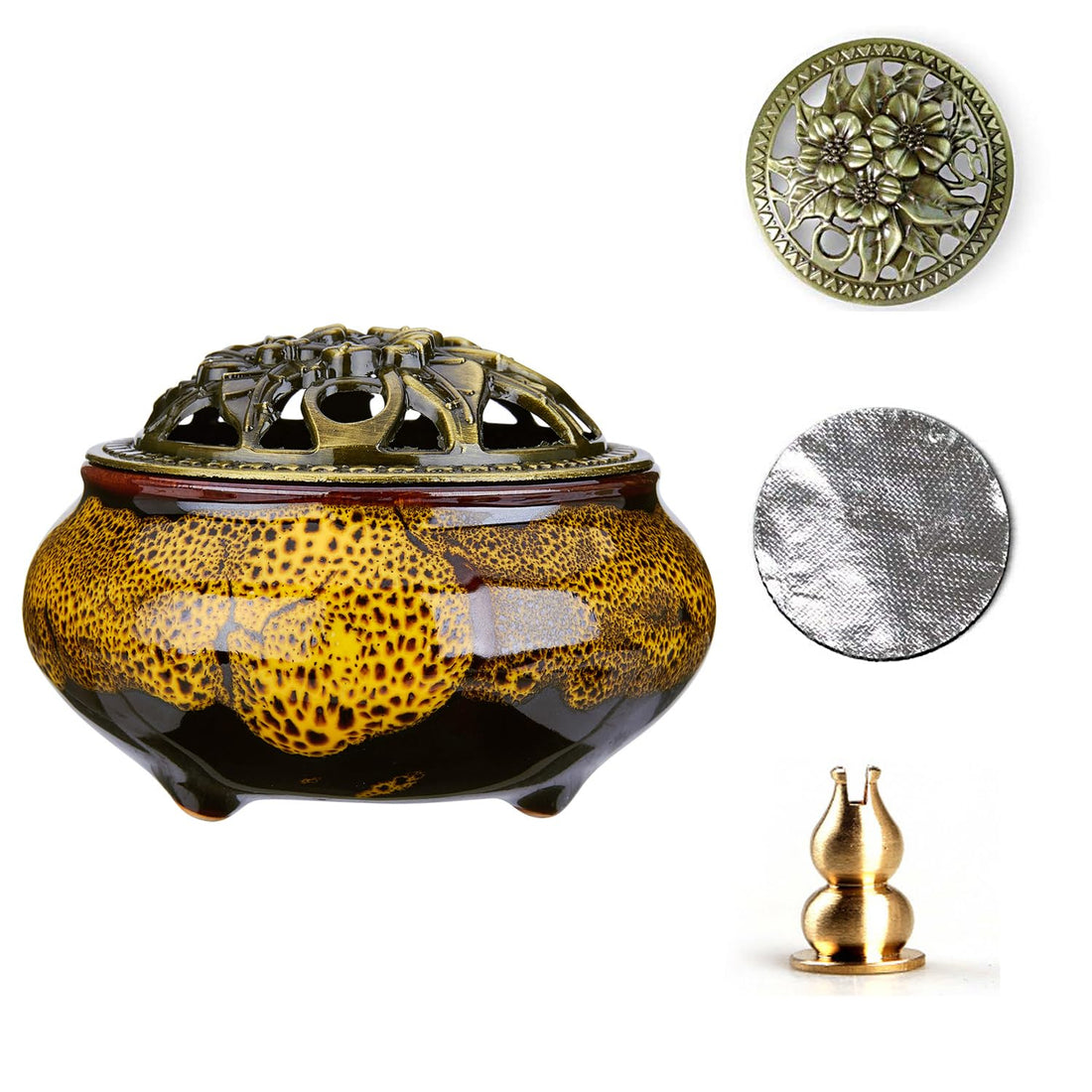 Ceramic Incense Burner: > Ceramic Incense Burner with Copper Lid — 3.94"x3.94"x2.84", 8.6 oz, deep yellow, for sandalwood, sage, cones & resin — Azurra Shop
