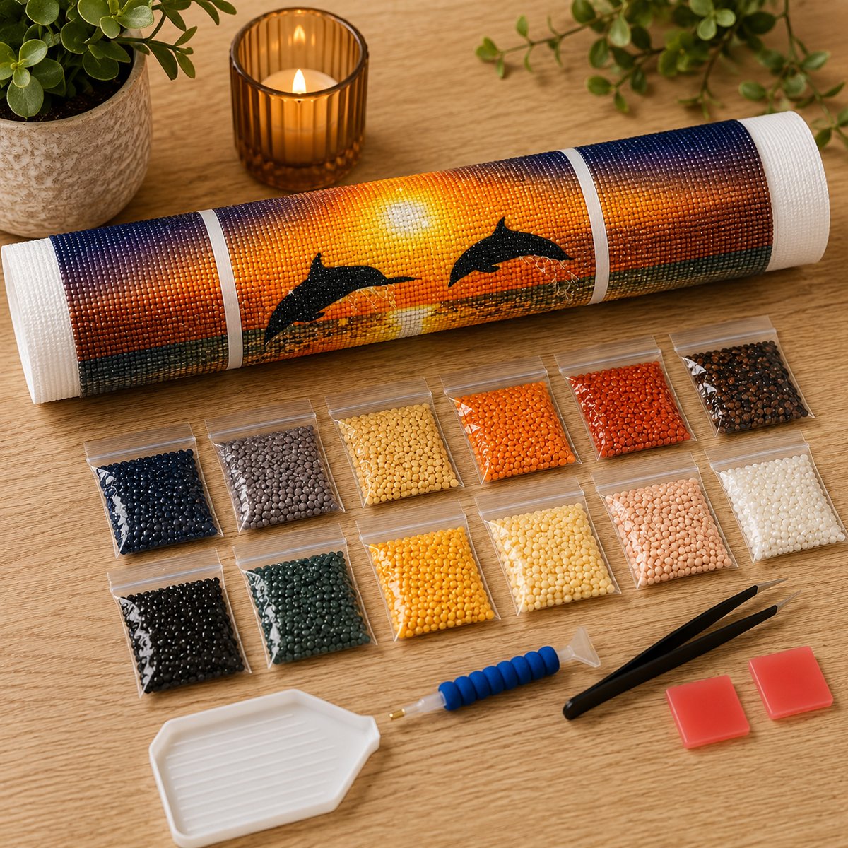 Rolled canvas and supplies for the dolphins kit, including drill packets, applicator pen, tray, and wax pad | Azurra Shop