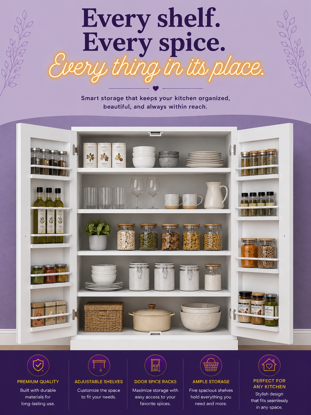 66.5" White Kitchen Pantry Cabinet with Glass Doors