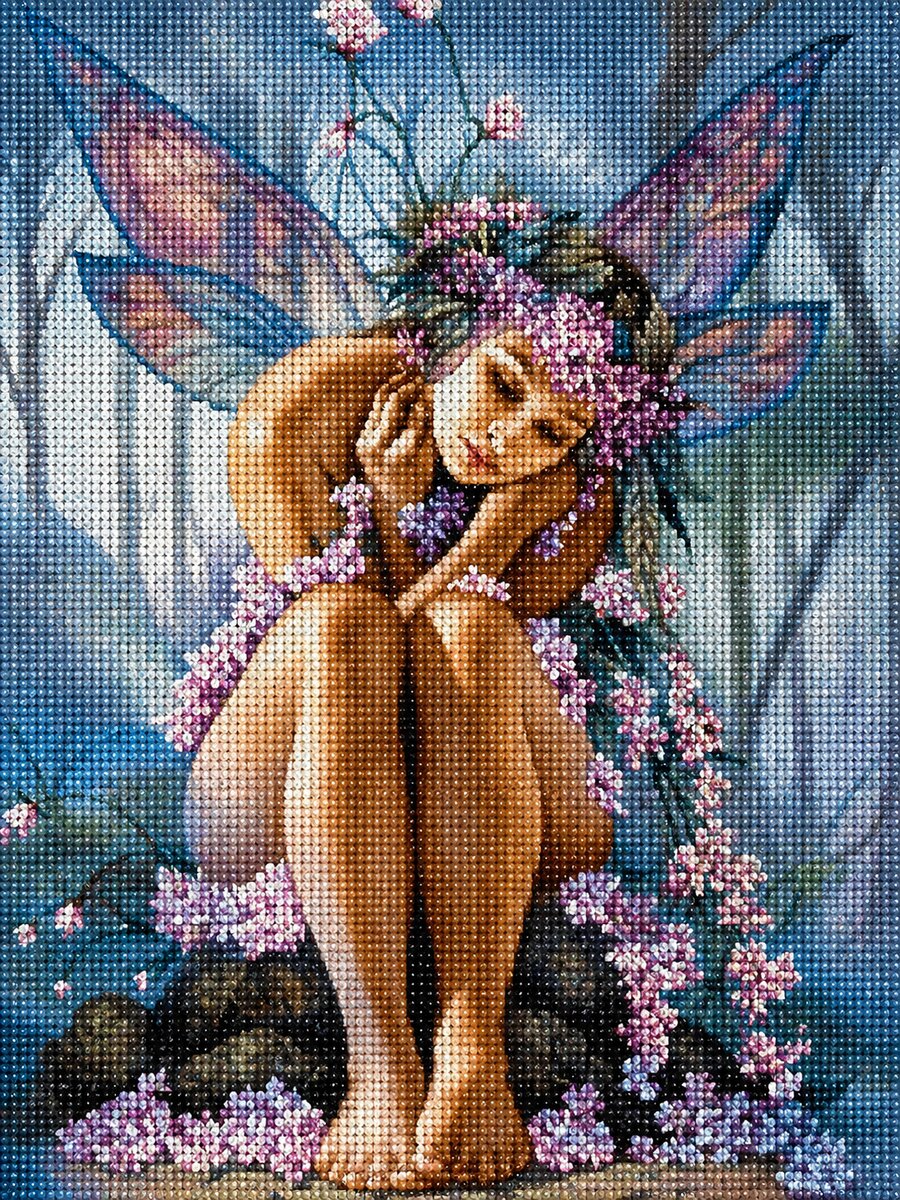 Finished dreaming fairy diamond painting with a fairy resting among pink cherry blossoms and butterfly wings in a misty forest | Azurra Shop
