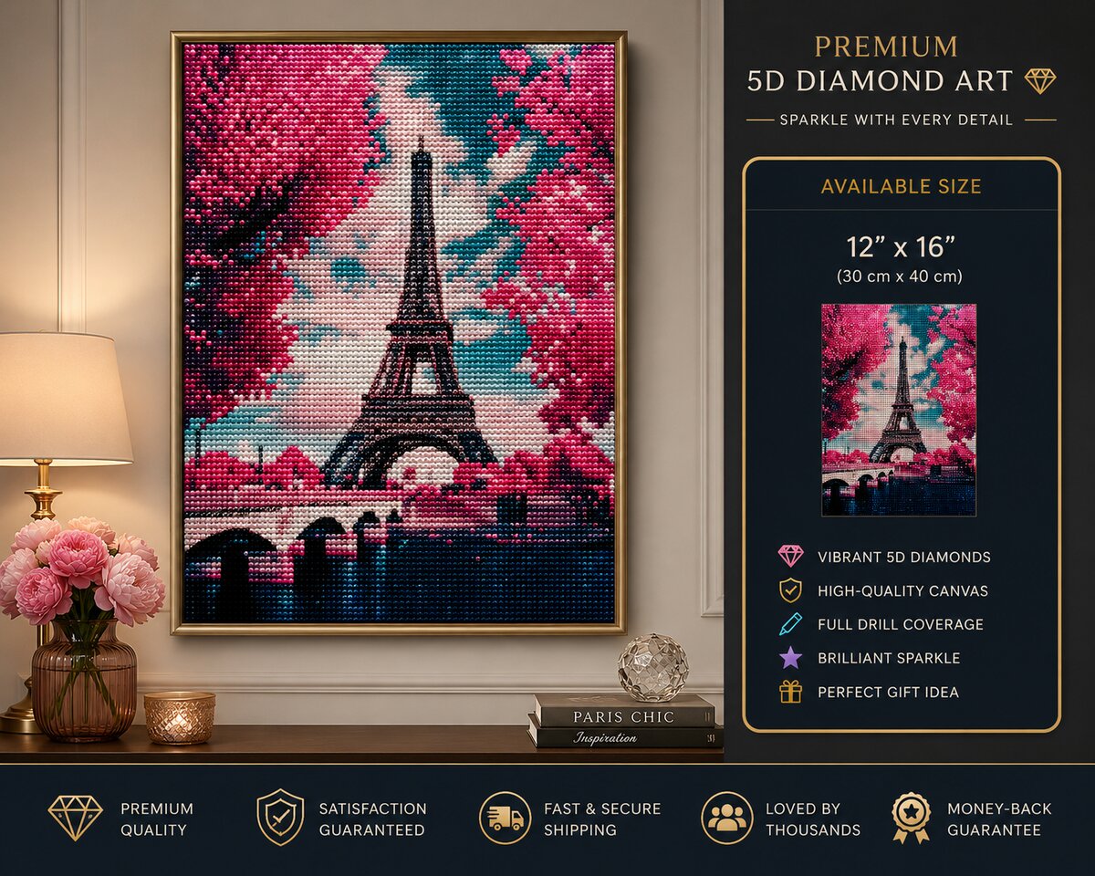 Eiffel Tower cherry blossom diamond painting kit framed artwork displayed on a wall | Azurra Shop