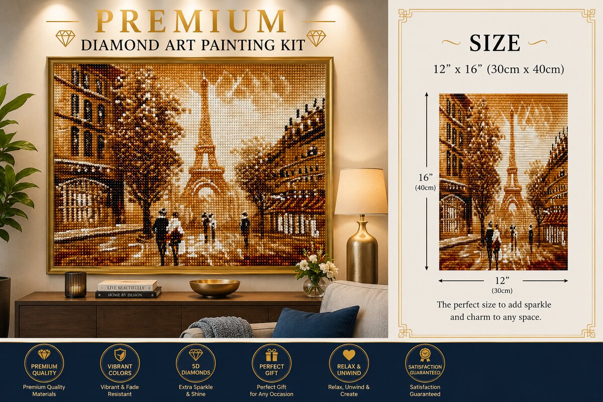 Eiffel Tower diamond painting kit framed artwork displayed on a wall | Azurra Shop