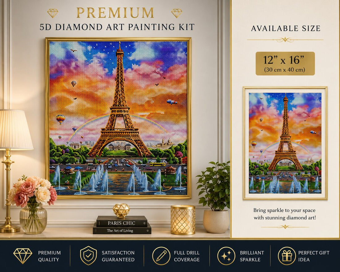 Eiffel Tower landscape diamond painting kit framed artwork displayed on a wall | Azurra Shop