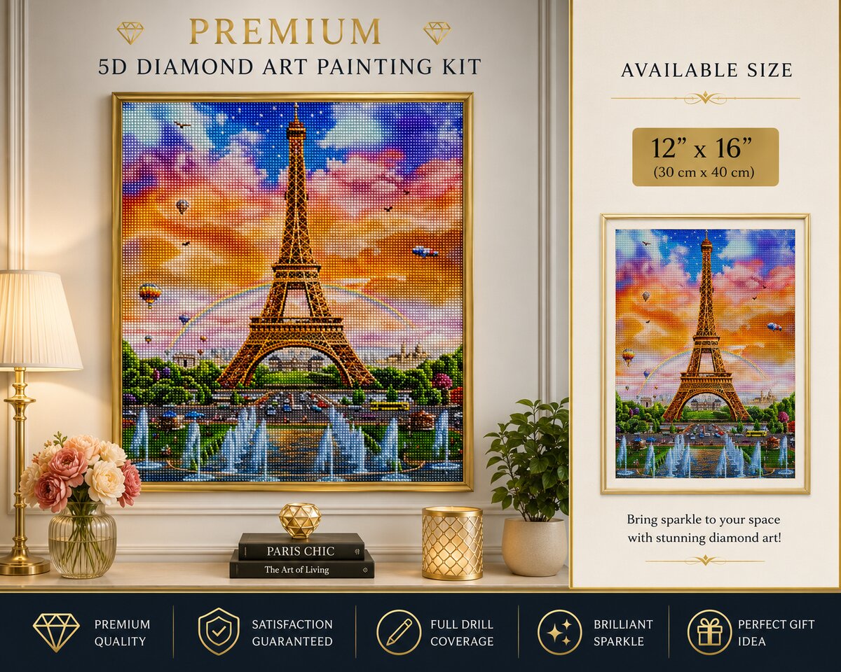 Eiffel Tower landscape diamond painting kit framed artwork displayed on a wall | Azurra Shop