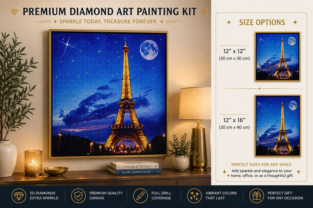 Eiffel Tower diamond painting kit framed artwork displayed on a wall | Azurra Shop