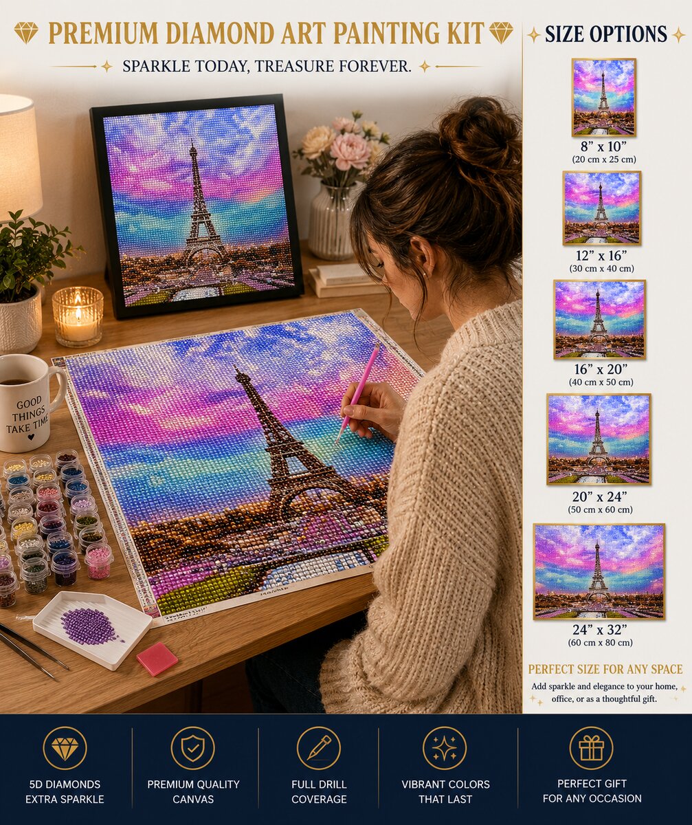 Eiffel Tower silhouette diamond painting kit framed artwork displayed on a wall | Azurra Shop