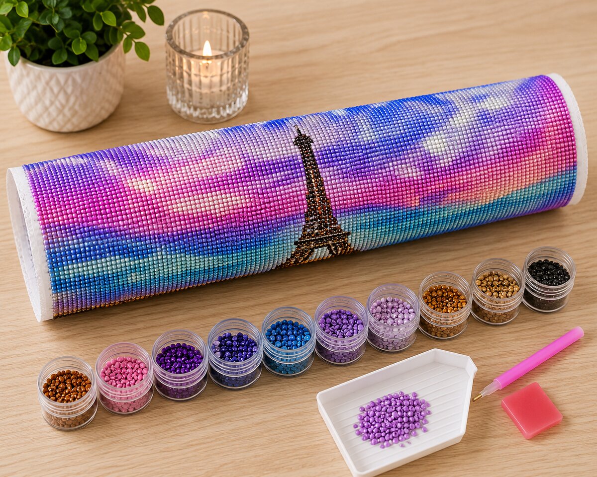 Rolled canvas and full supplies for the Eiffel Tower silhouette kit, including diamond packets, applicator pen, and tray | Azurra Shop