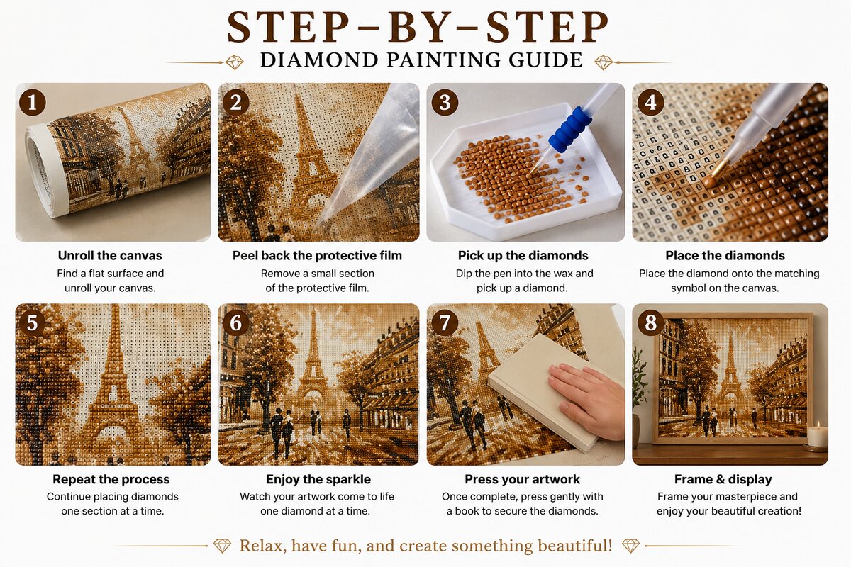 Step by step guide showing how to complete the Eiffel Tower diamond painting kit | Azurra Shop