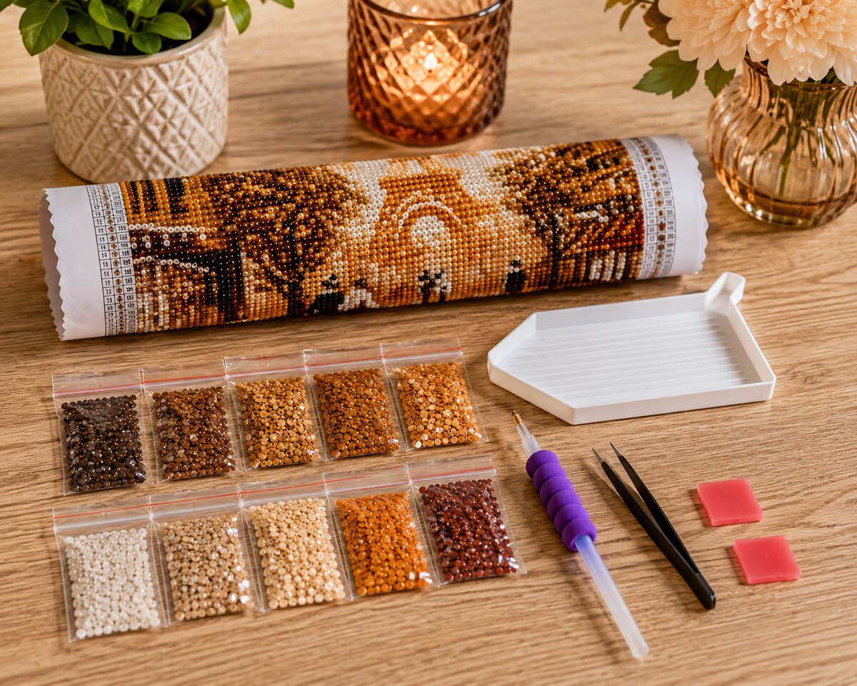 Diamond painting supplies laid out for the Eiffel Tower kit, including diamond packets, applicator pen, and tray | Azurra Shop