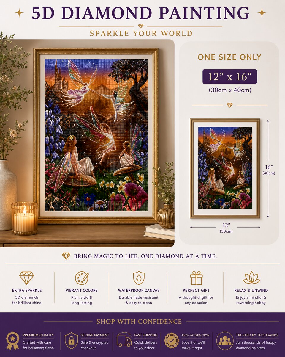 Enchanted fairy garden diamond painting framed on a wall, available in a 12 by 16 inch size | Azurra Shop