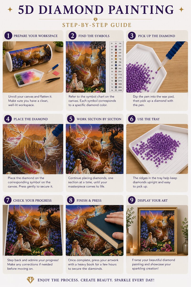 Nine step instructions for completing a diamond painting kit from canvas prep to framing and display | Azurra Shop