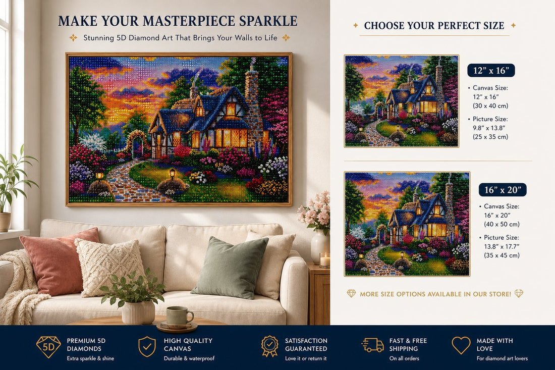 Framed Tudor cottage diamond painting displayed above a cream sofa in a bright living room | Azurra Shop