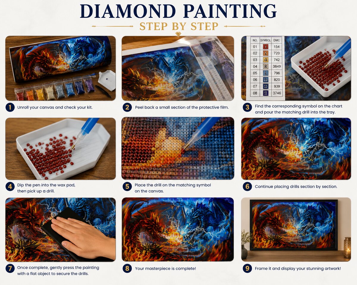 Nine step instructions for completing a diamond painting kit from canvas prep to framing and display | Azurra Shop