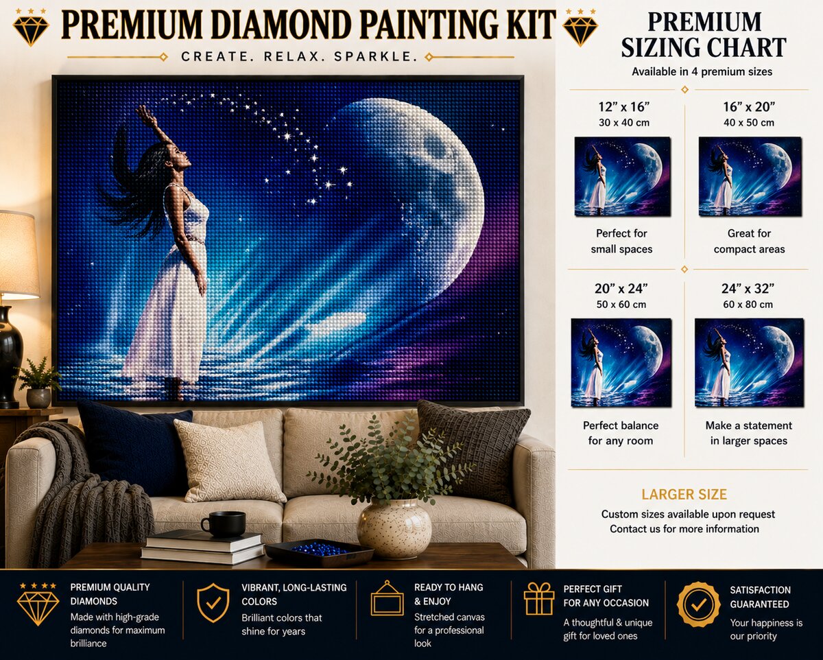 Ethereal moon goddess diamond painting framed above a living room sofa, available in 4 sizes from 12 by 16 to 24 by 32 inches | Azurra Shop
