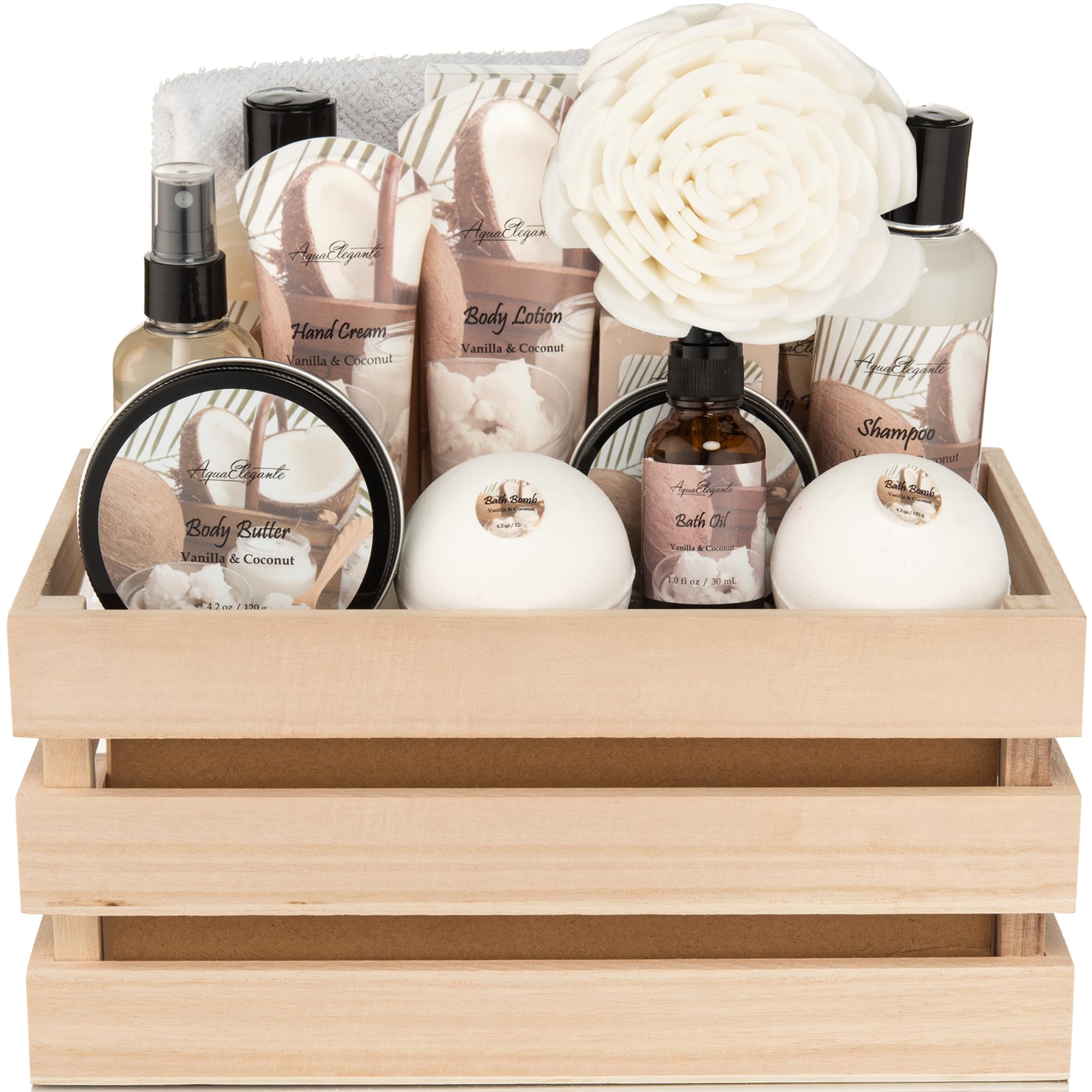 Coconut & Vanilla: > Luxury Spa Gift Basket — Coconut & Vanilla, 15-piece set: body wash, bubble bath, bath bombs, salts, scrub, lotion, towel & more — Azurra Shop