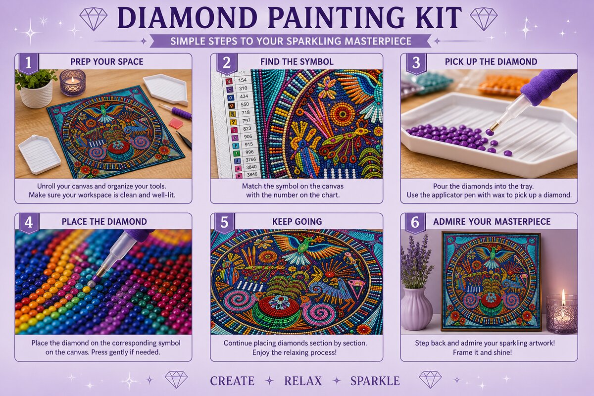 Six step instructions for completing a diamond painting kit from prepping your space to admiring the finished piece | Azurra Shop