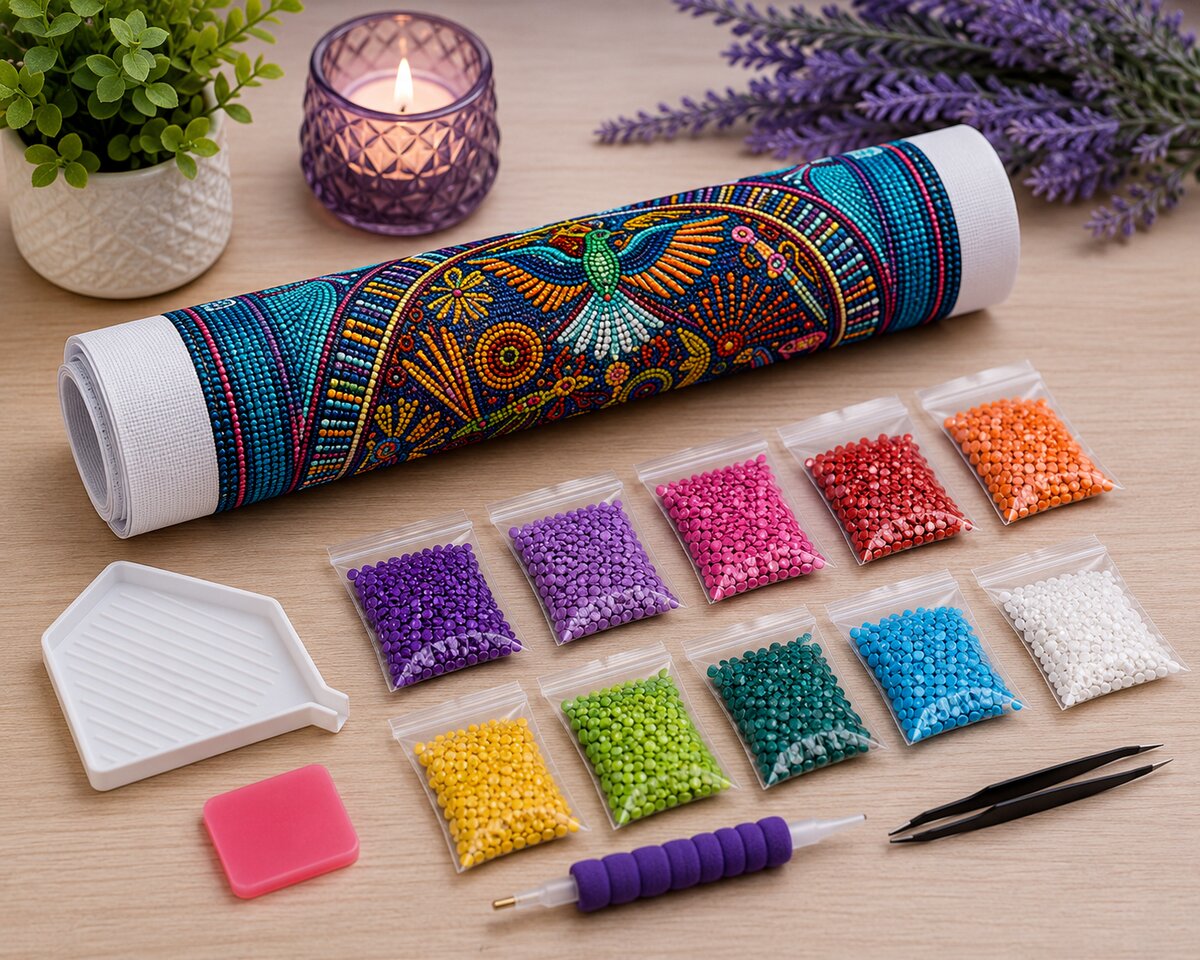 Diamond painting kit supplies including rolled canvas, sorted diamond bags, applicator pen, and tweezers | Azurra Shop