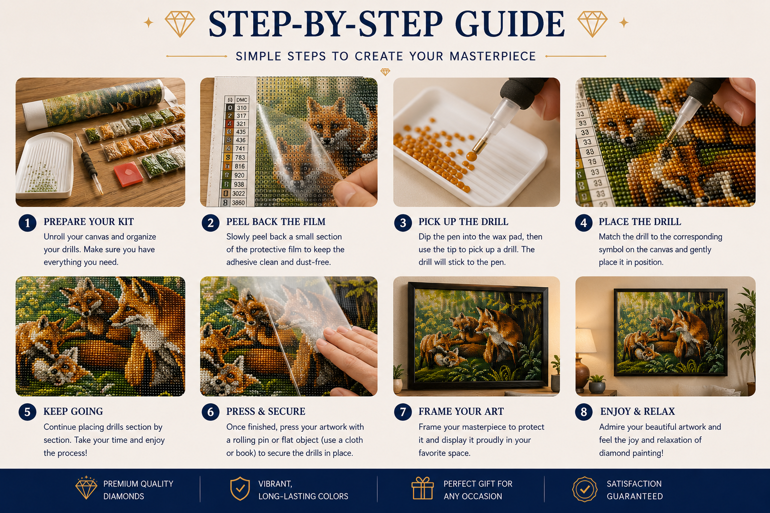 Fox family in the forest diamond painting kit easy step-by-step guide – 8 illustrated steps showing how to prepare kit, peel film, pick up and place diamond drills, press to secure, frame and enjoy finished fox artwork — Azurra Shop
