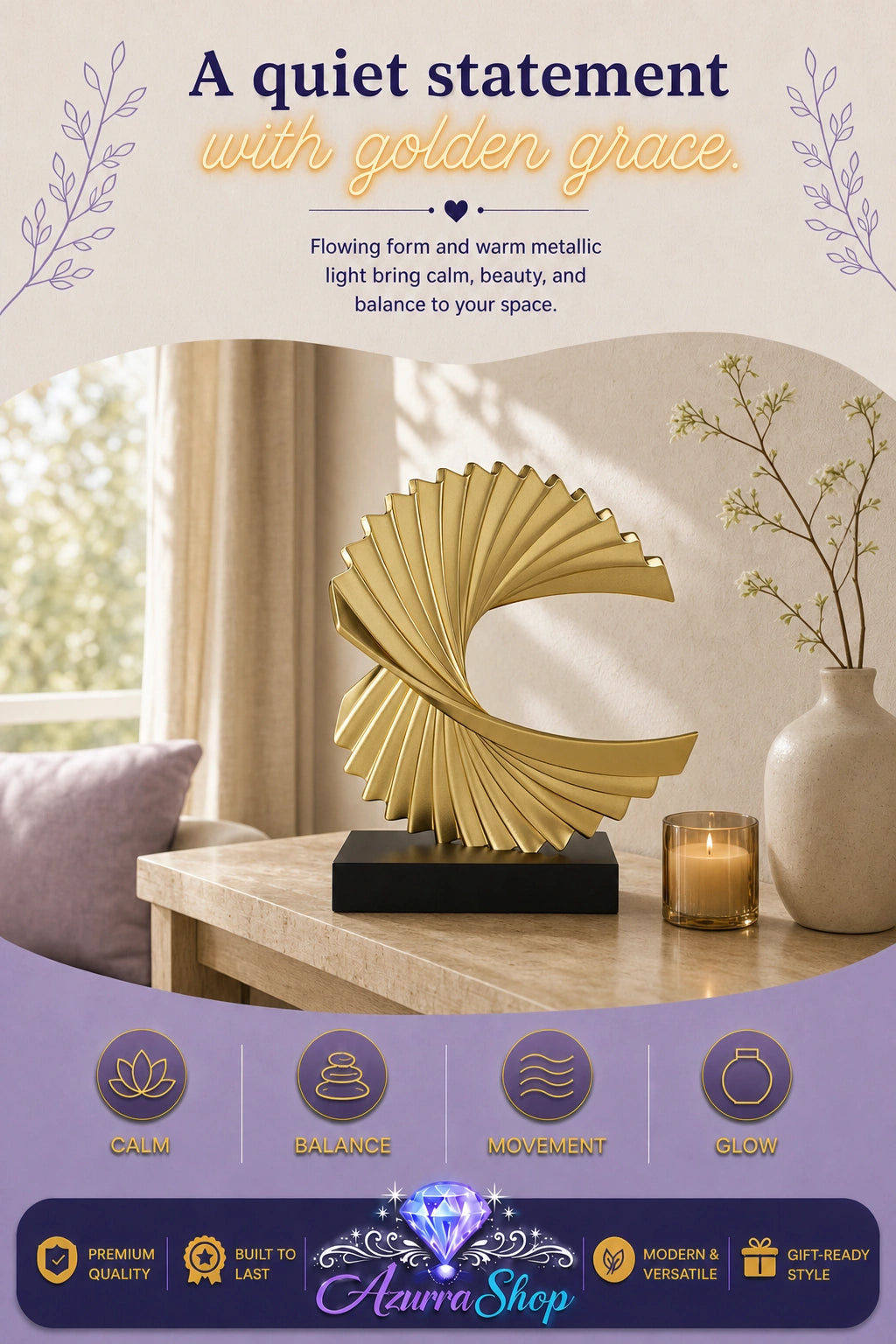 A gold metallic abstract fan-shaped sculpture on a black rectangular base, displayed on a wooden table in a softly lit room with a votive candle and a vase nearby. The image includes promotional text at the top and a purple footer with feature icons and the brand name "Azurra Shop".