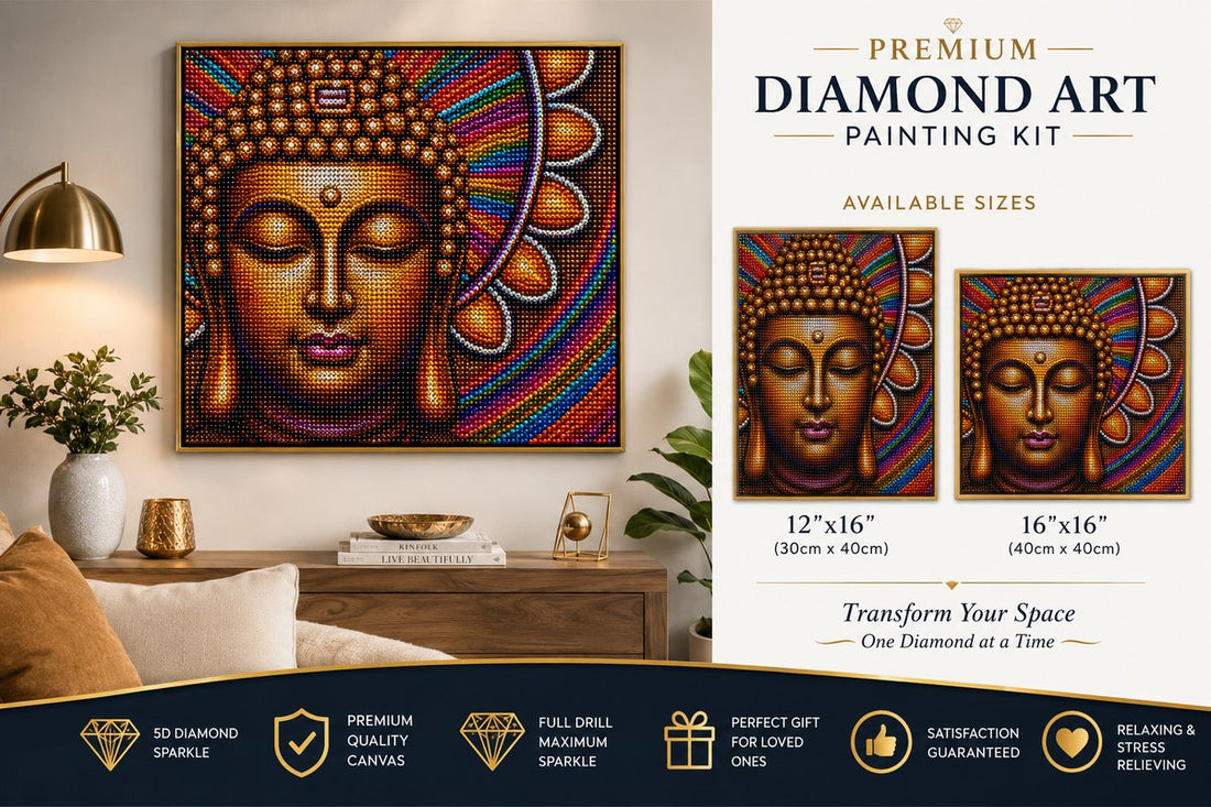 Golden Buddha diamond painting framed on a wall, shown with the size chart