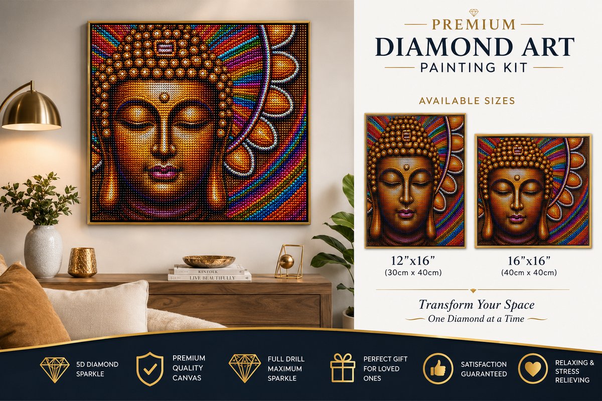 Golden Buddha diamond painting framed on a wall, shown with the size chart