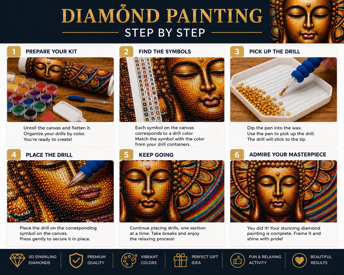 Step by step guide showing how to complete the golden Buddha diamond painting