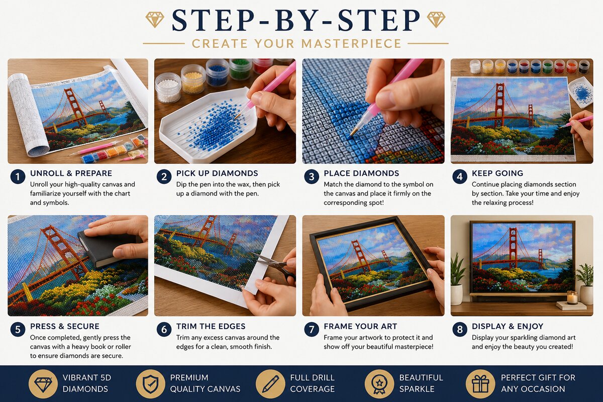 Eight step guide showing how to complete the Golden Gate Bridge diamond painting kit | Azurra Shop
