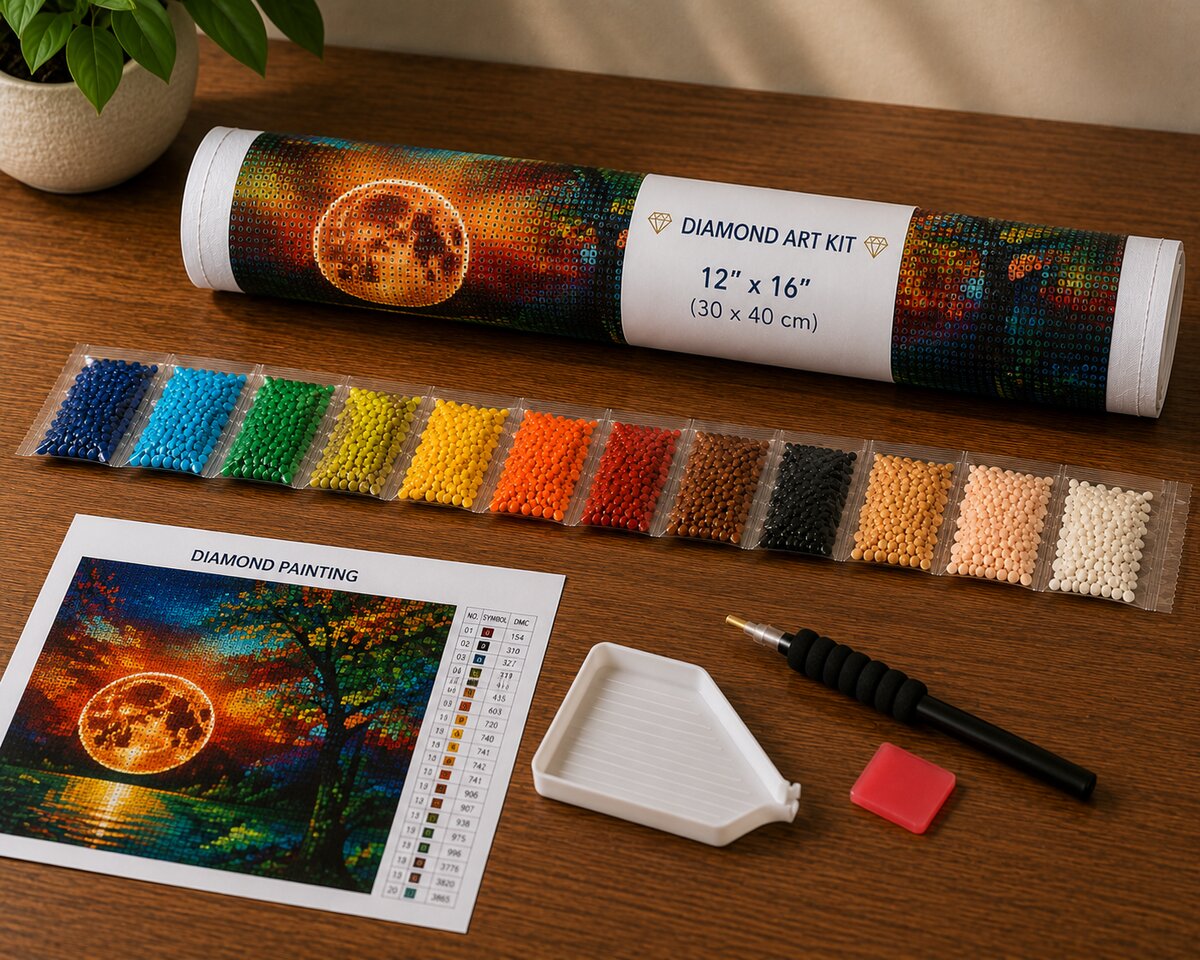 Diamond painting kit supplies including rolled canvas, numbered diamond bags, tray, and applicator pen | Azurra Shop