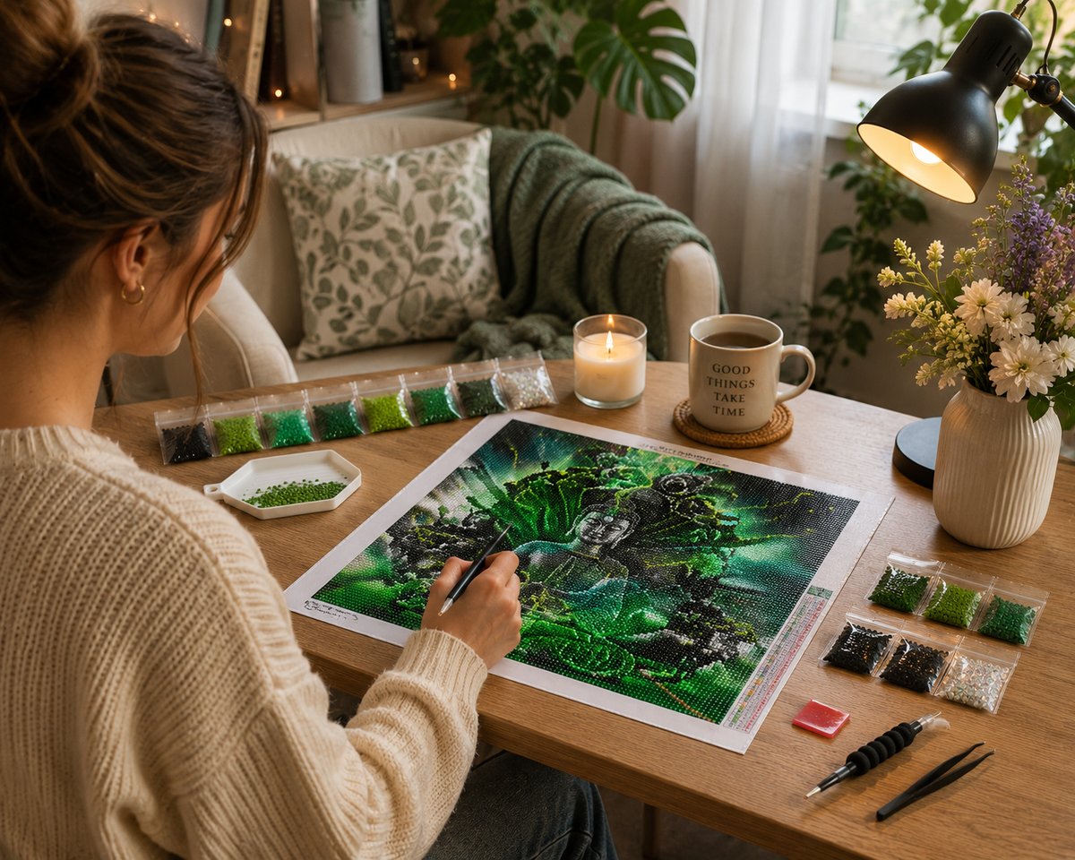 Working on the dark Buddha kit at a cozy desk with warm lighting