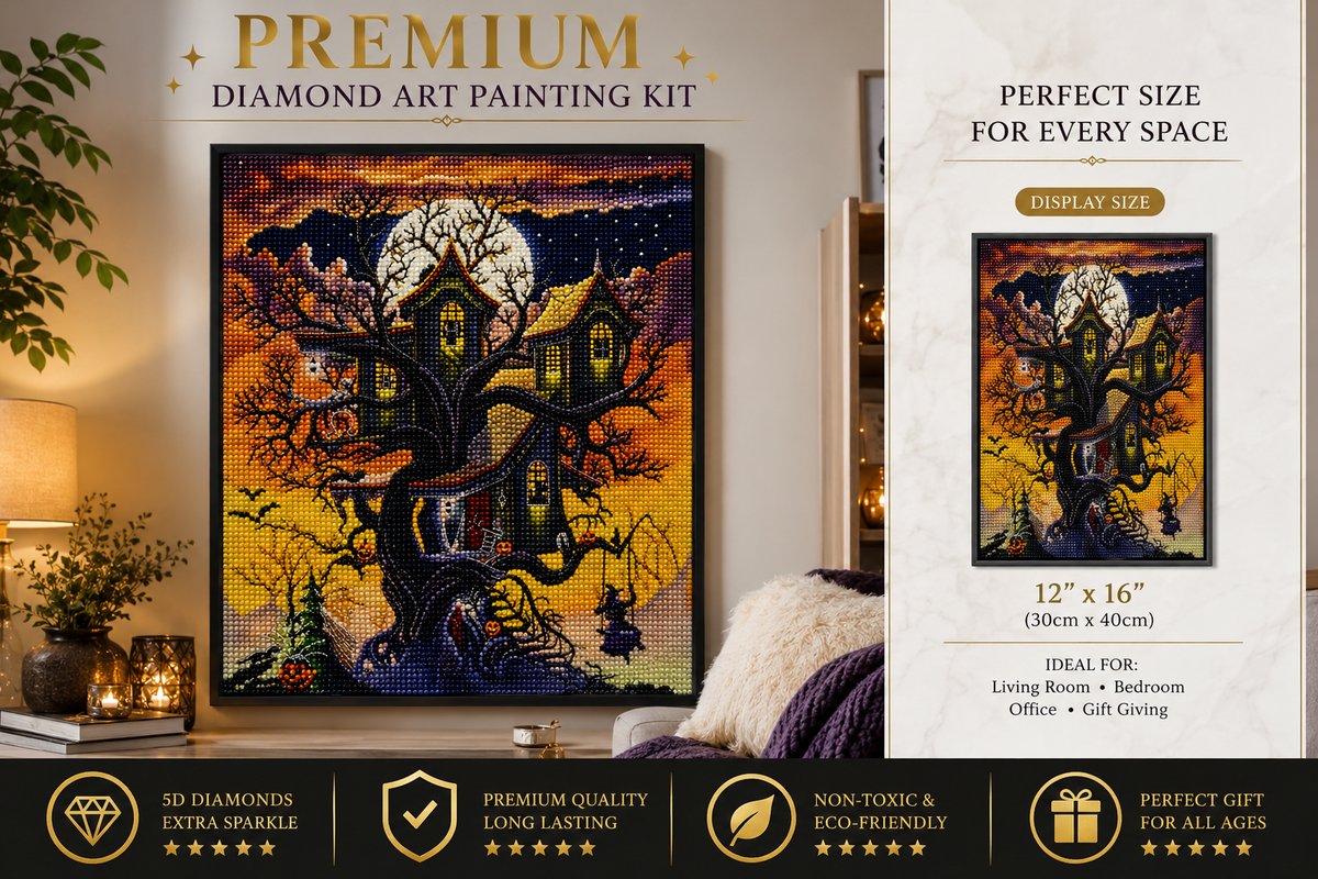 Framed haunted treehouse diamond painting displayed on a living room console table | Azurra Shop
