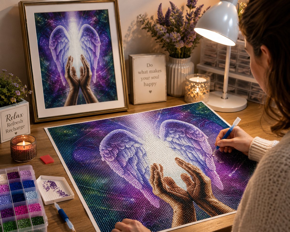 Working on the healing angel wings kit at a cozy desk with a framed finished piece nearby