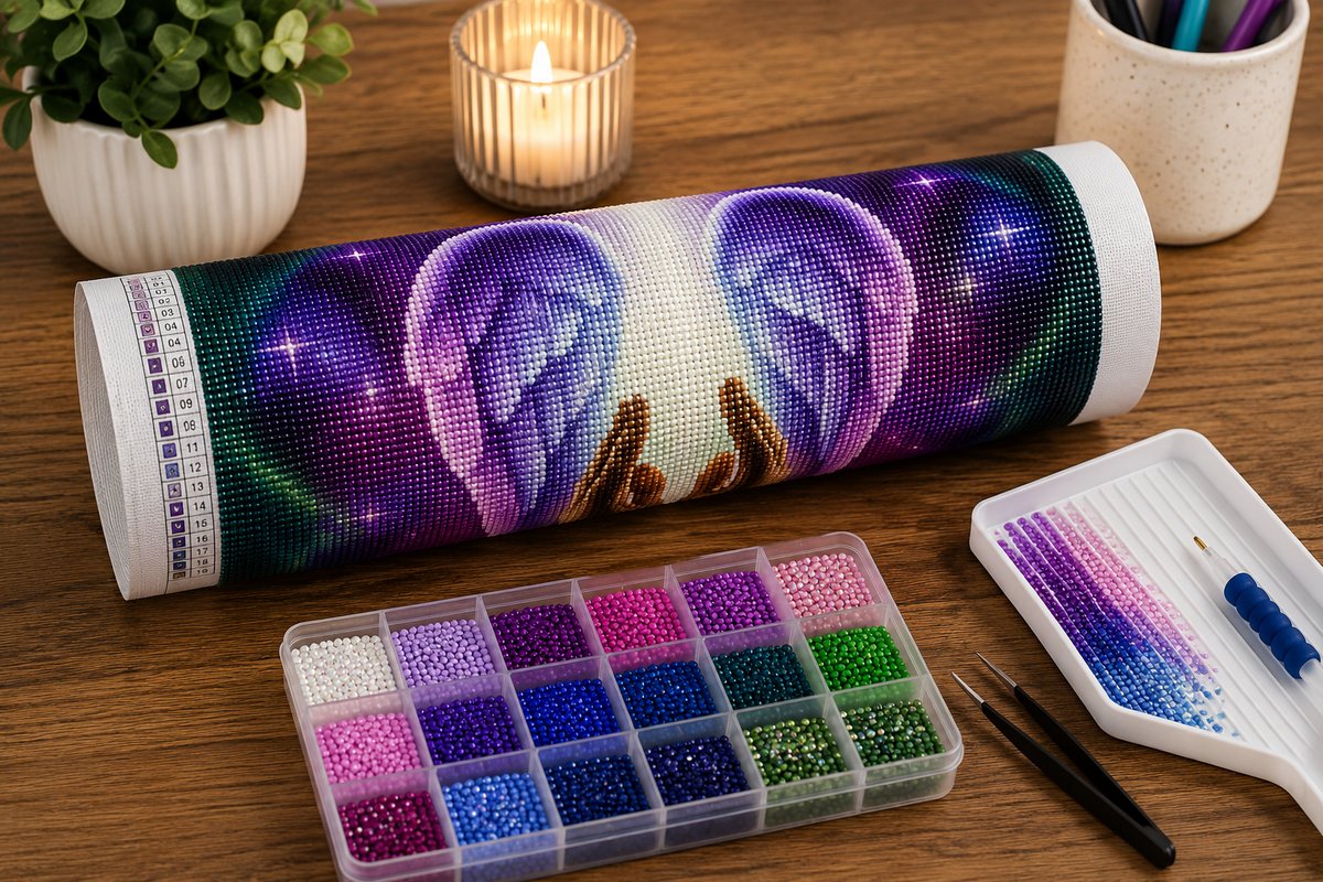 Rolled canvas and full supplies for the healing angel wings kit, including drill trays, applicator pen, and tweezers