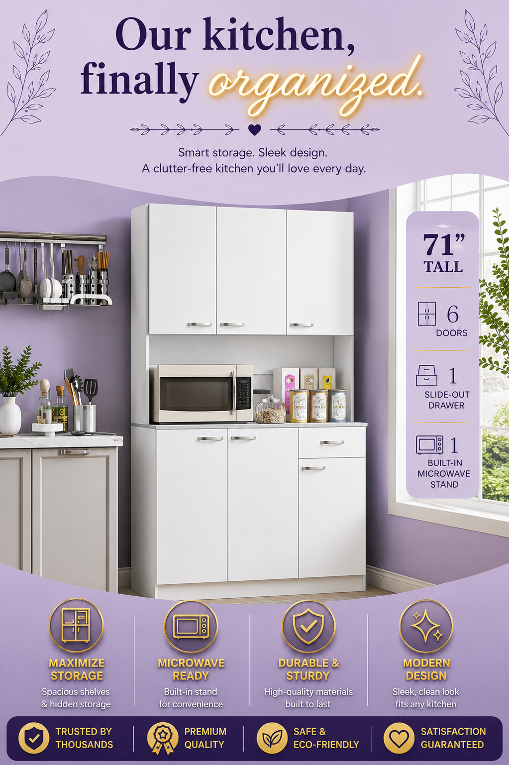 71" White Kitchen Pantry Cabinet with Microwave Stand