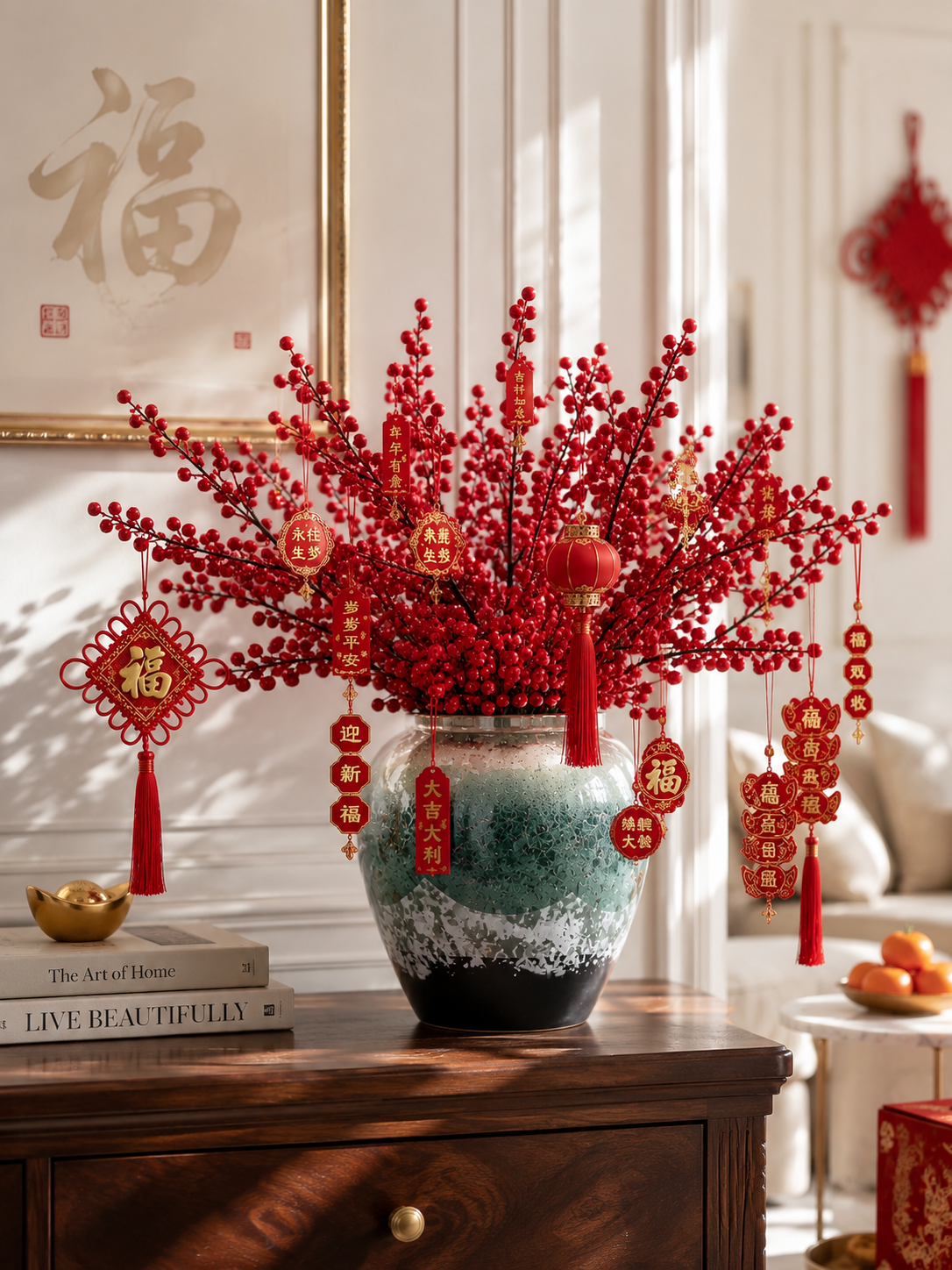Red holly berry ceramic vase styled on sideboard with lucky pendants in elegant living room — Azurra Shop